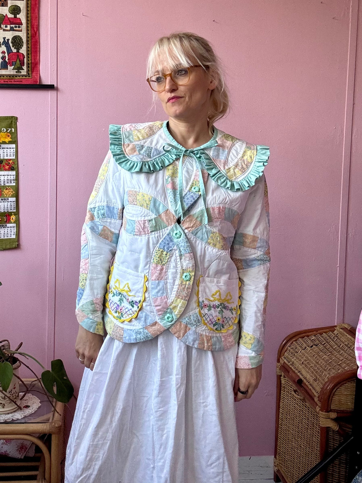 Green patchwork jacket with detachable collar