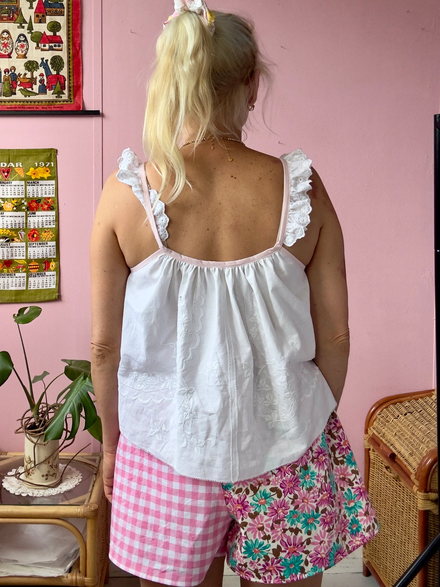 White top with pink straps