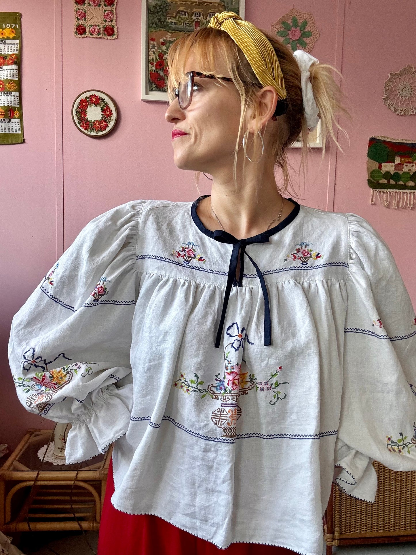 Linen blouse with cross stitching embroidery
