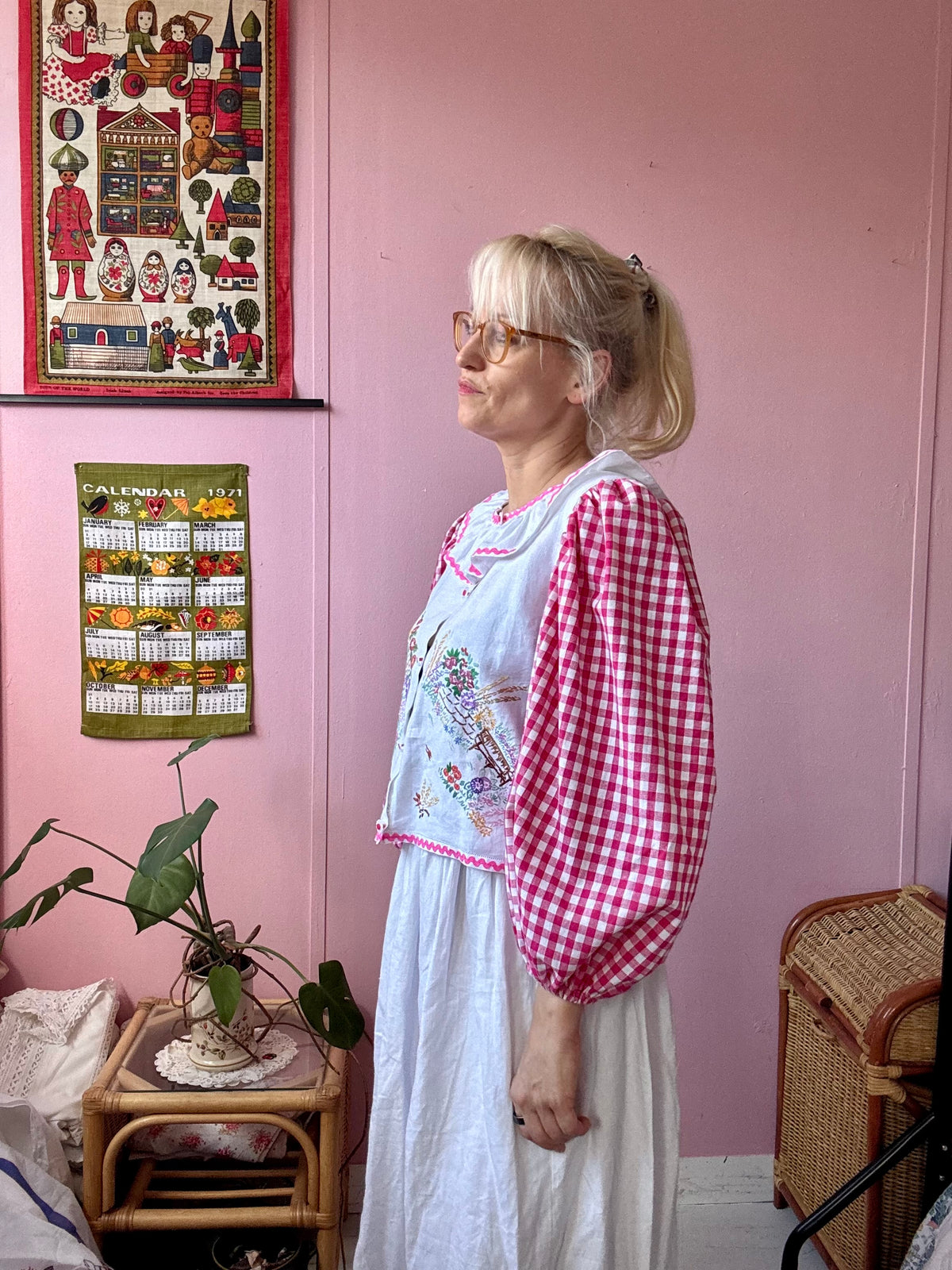 Pink gingham and floral blouse with neckline frill