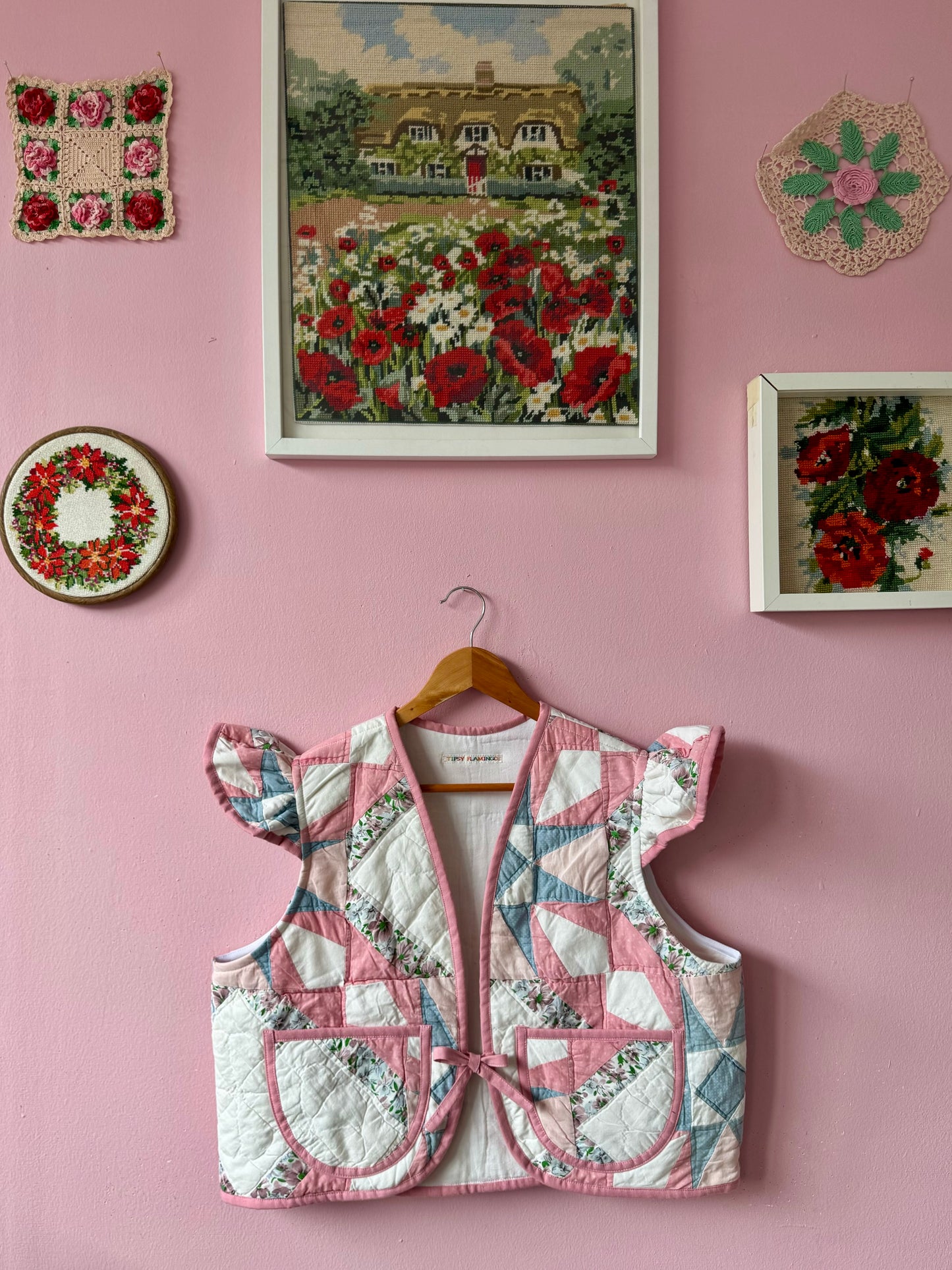 Pink/blue patchwork vest with sleeves