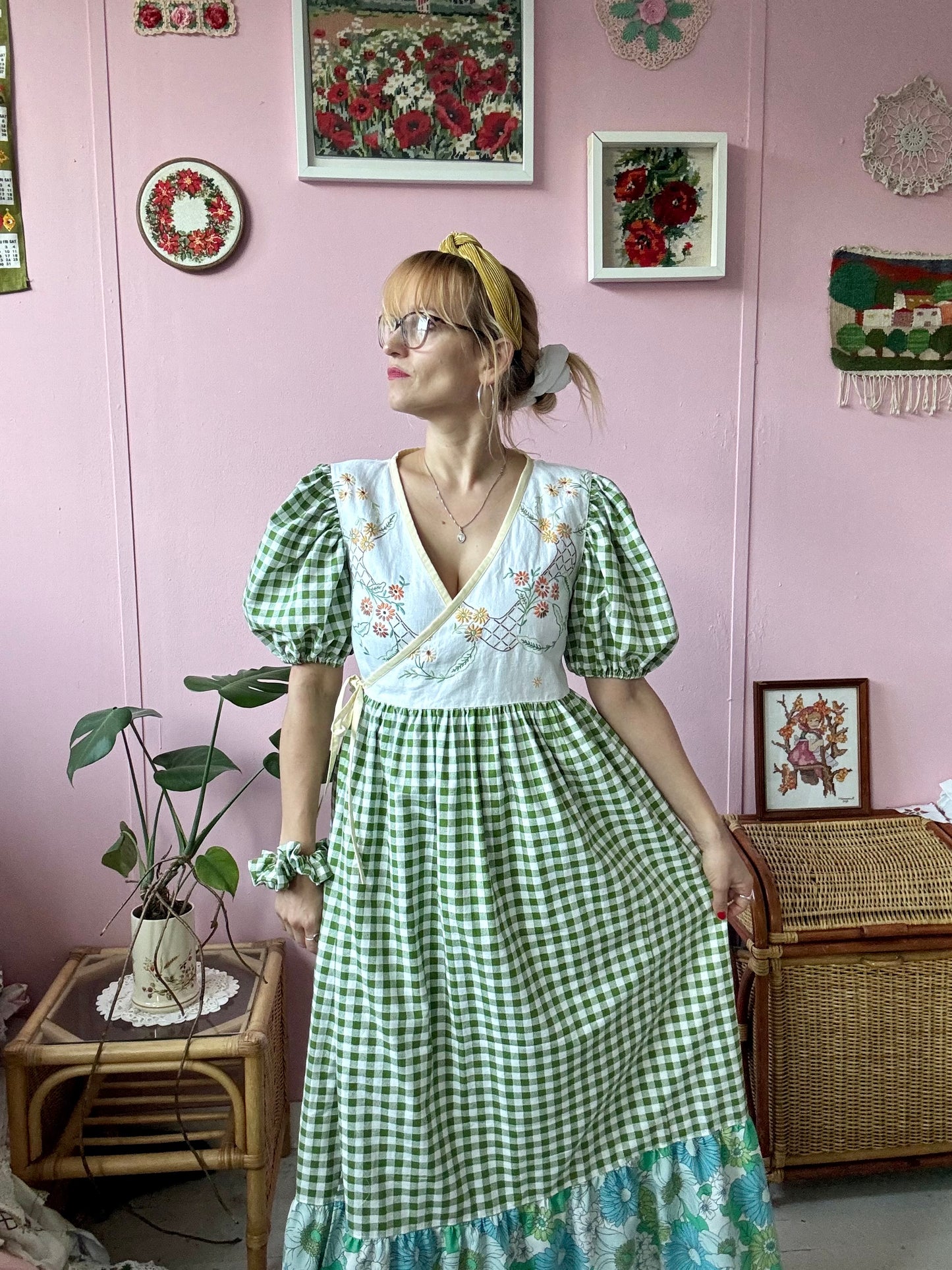 Wrap around dress with green gingham and embroidery