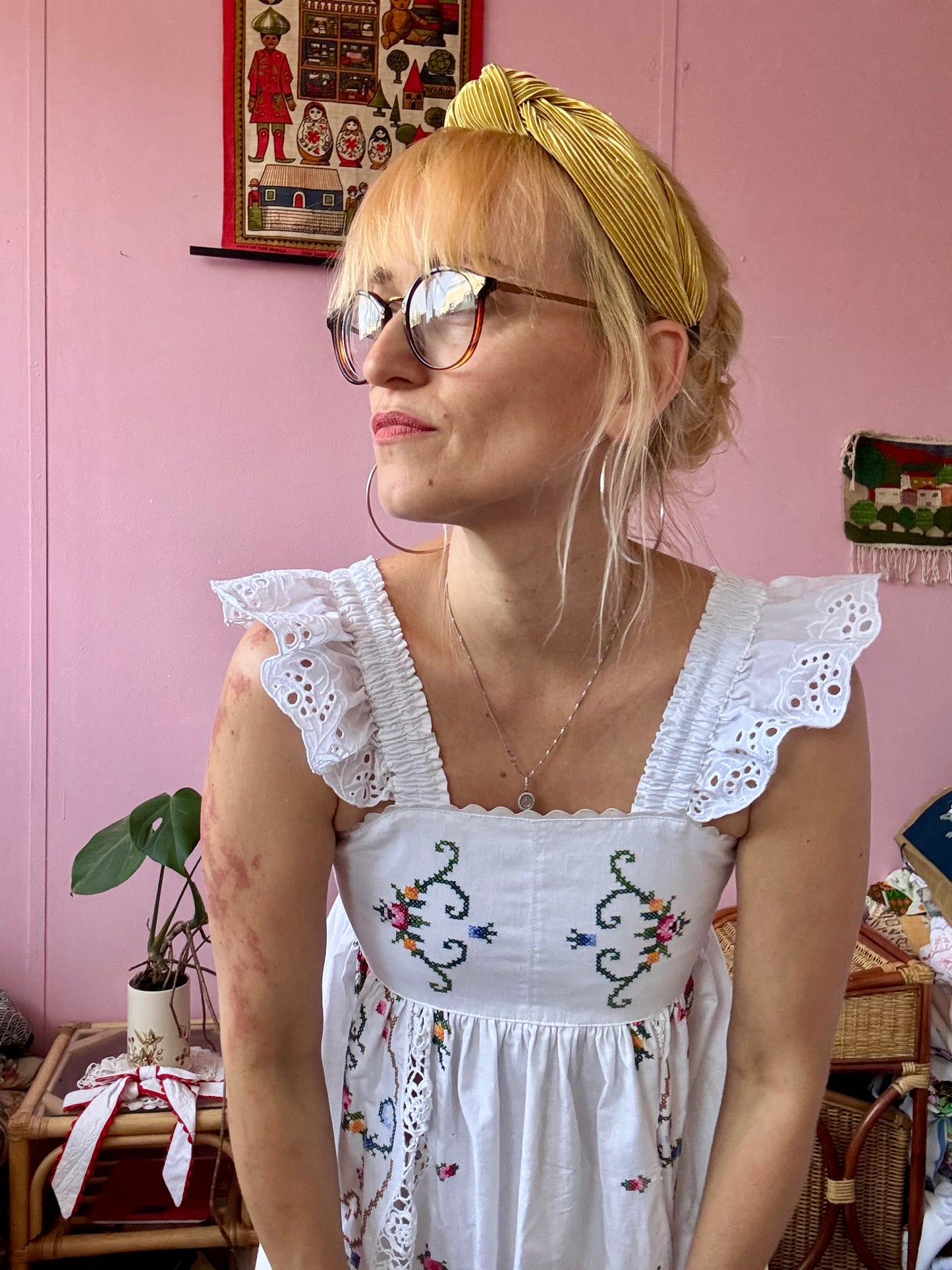 Maxi dress with hand embroidery and elasticated lace straps