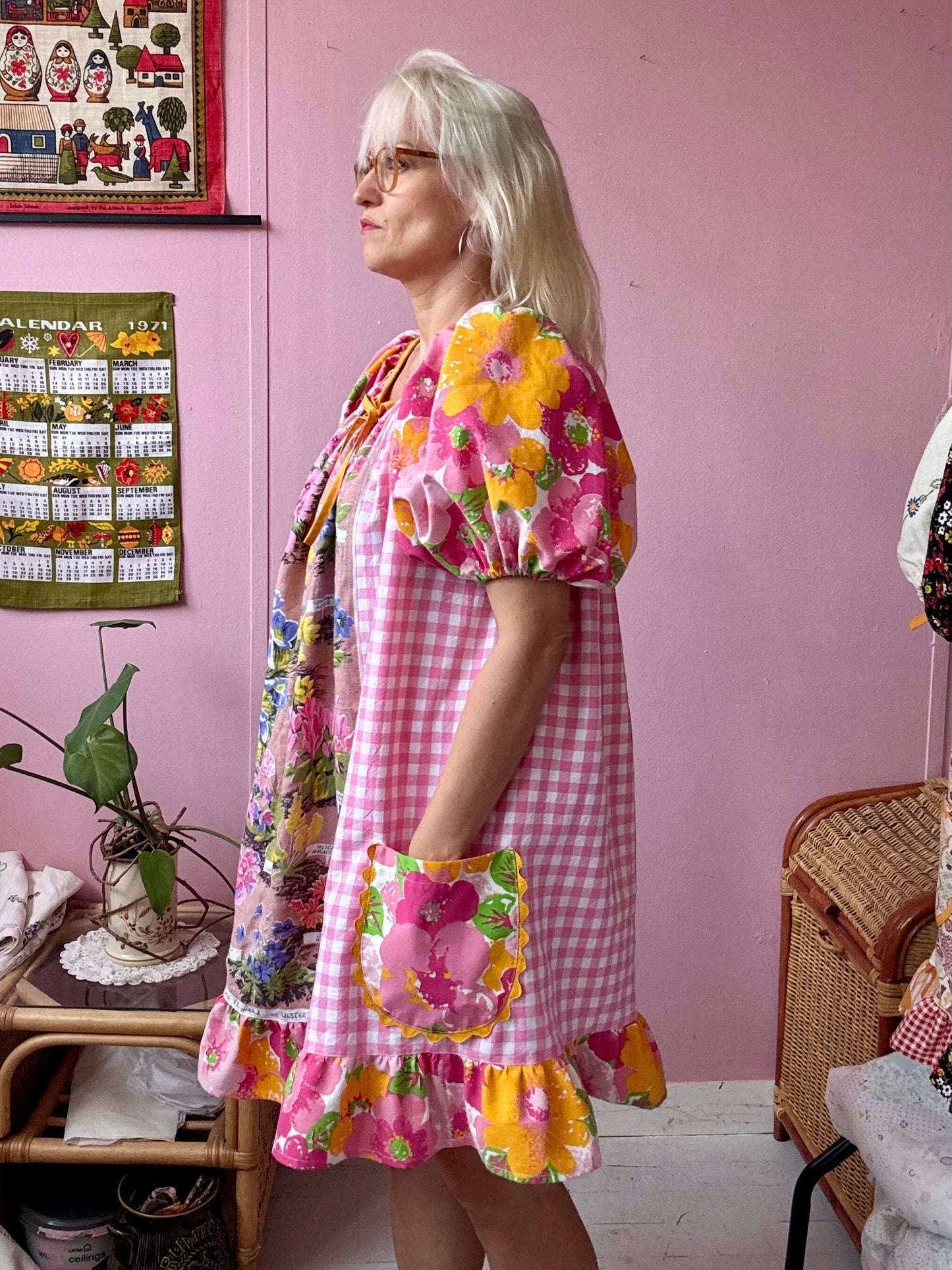 Alpine flowers teatowel and gingham dress