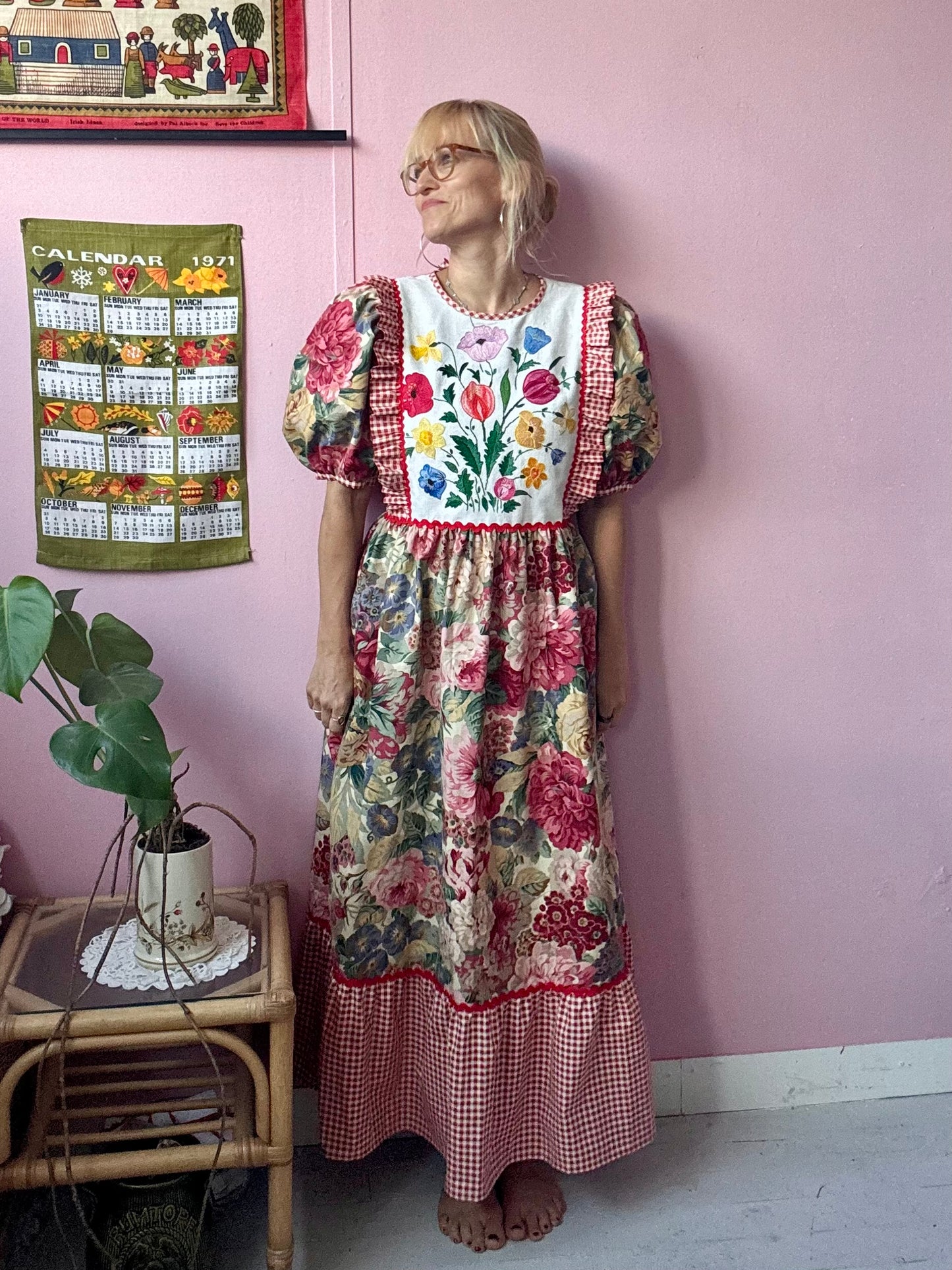 Sanderson print and gingham maxi dress