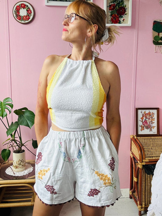 Yellow stripes and flowers towel top