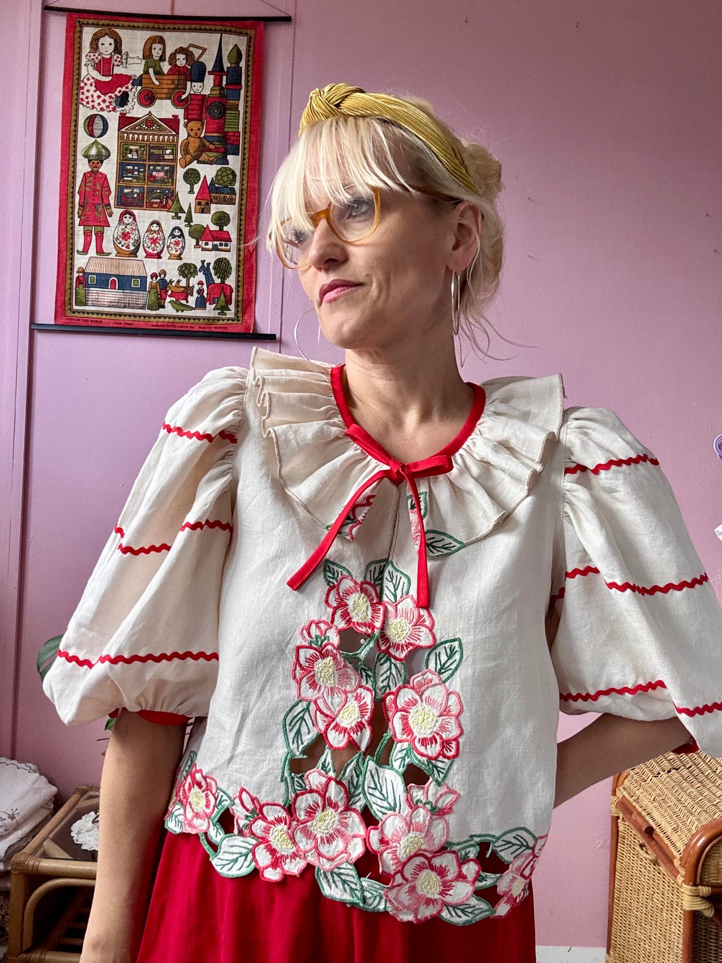 Beige blouse with red flowers and ric rac