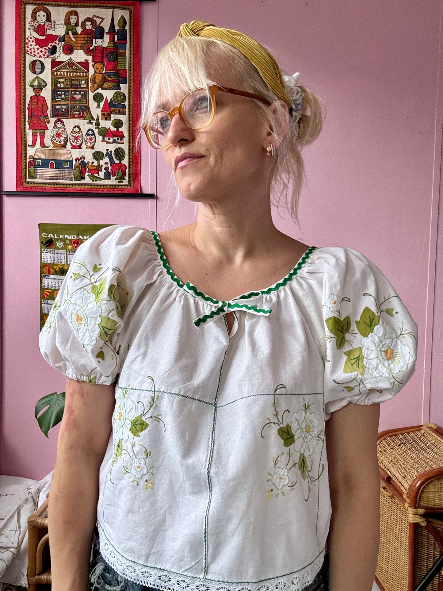 Floral blouse with lace and green ric rac