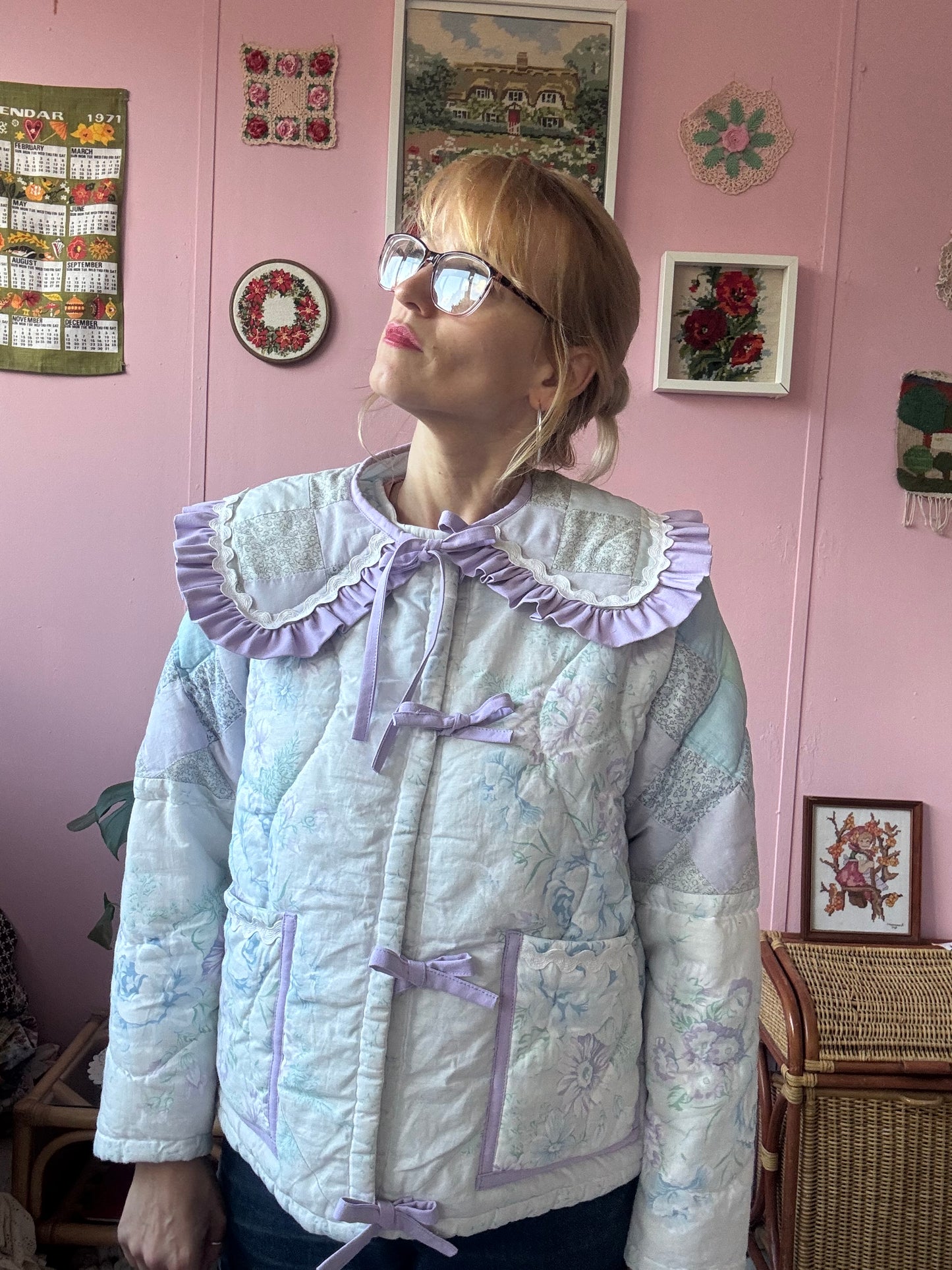 Light pastel patchwork jacket with lilac trims