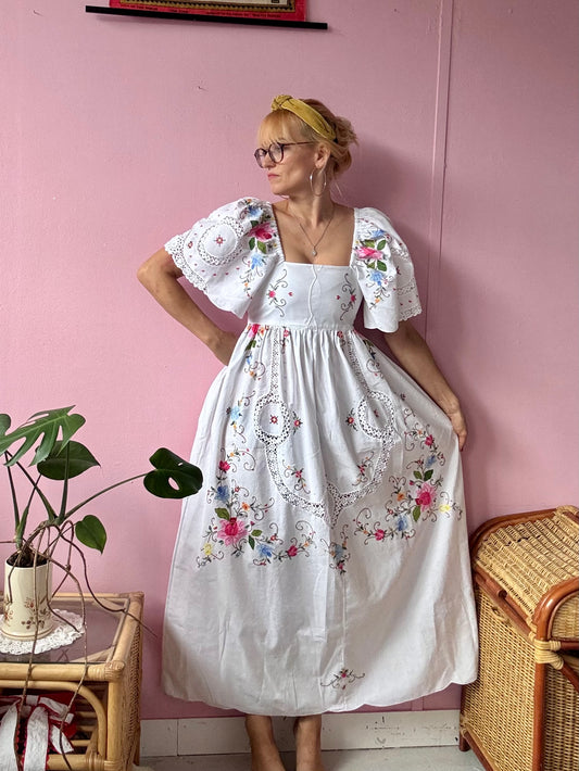 White maxi dress with appliqué,embroidery and lace panels