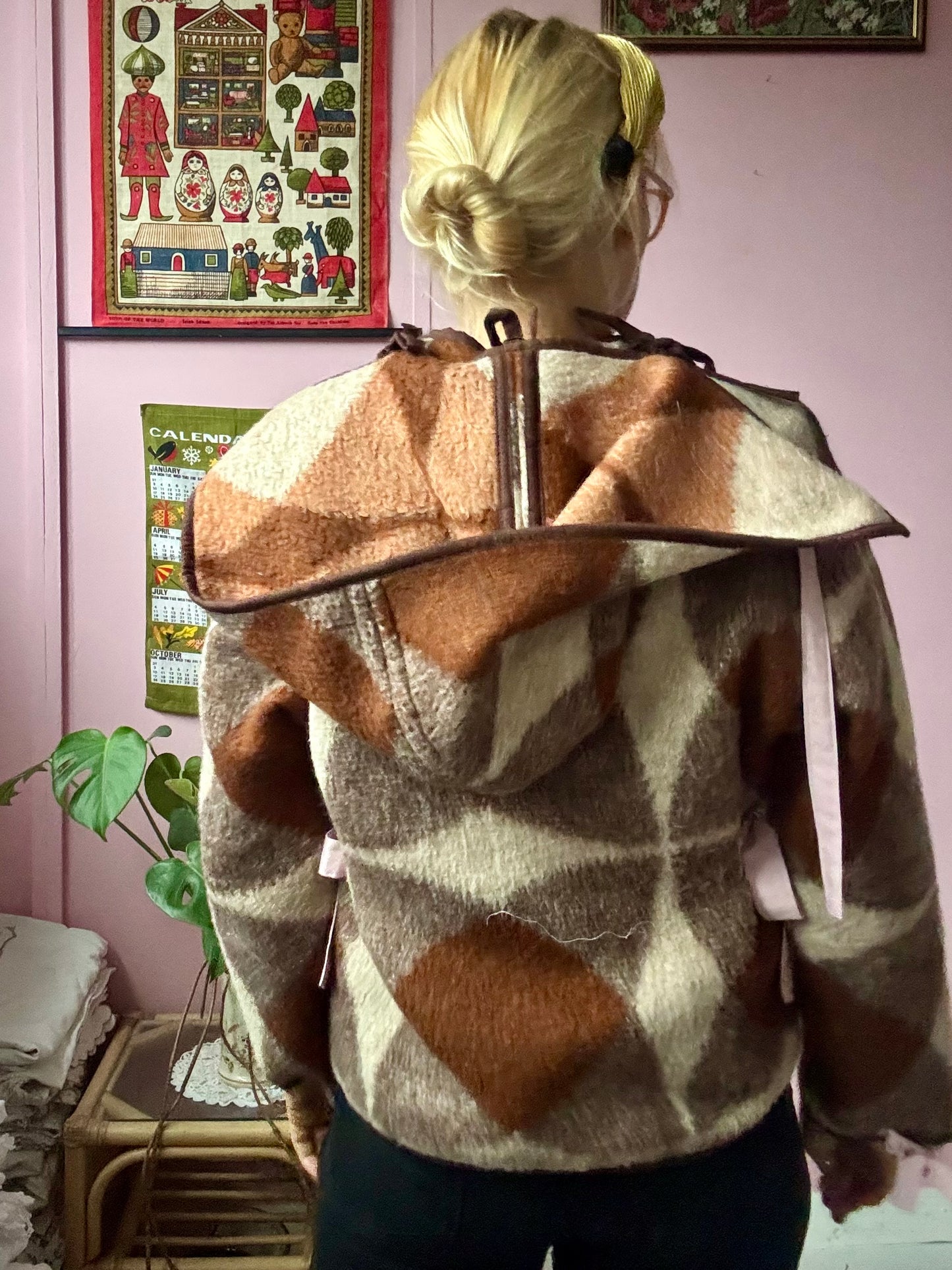 Brown wool blanket jacket with detachable hood