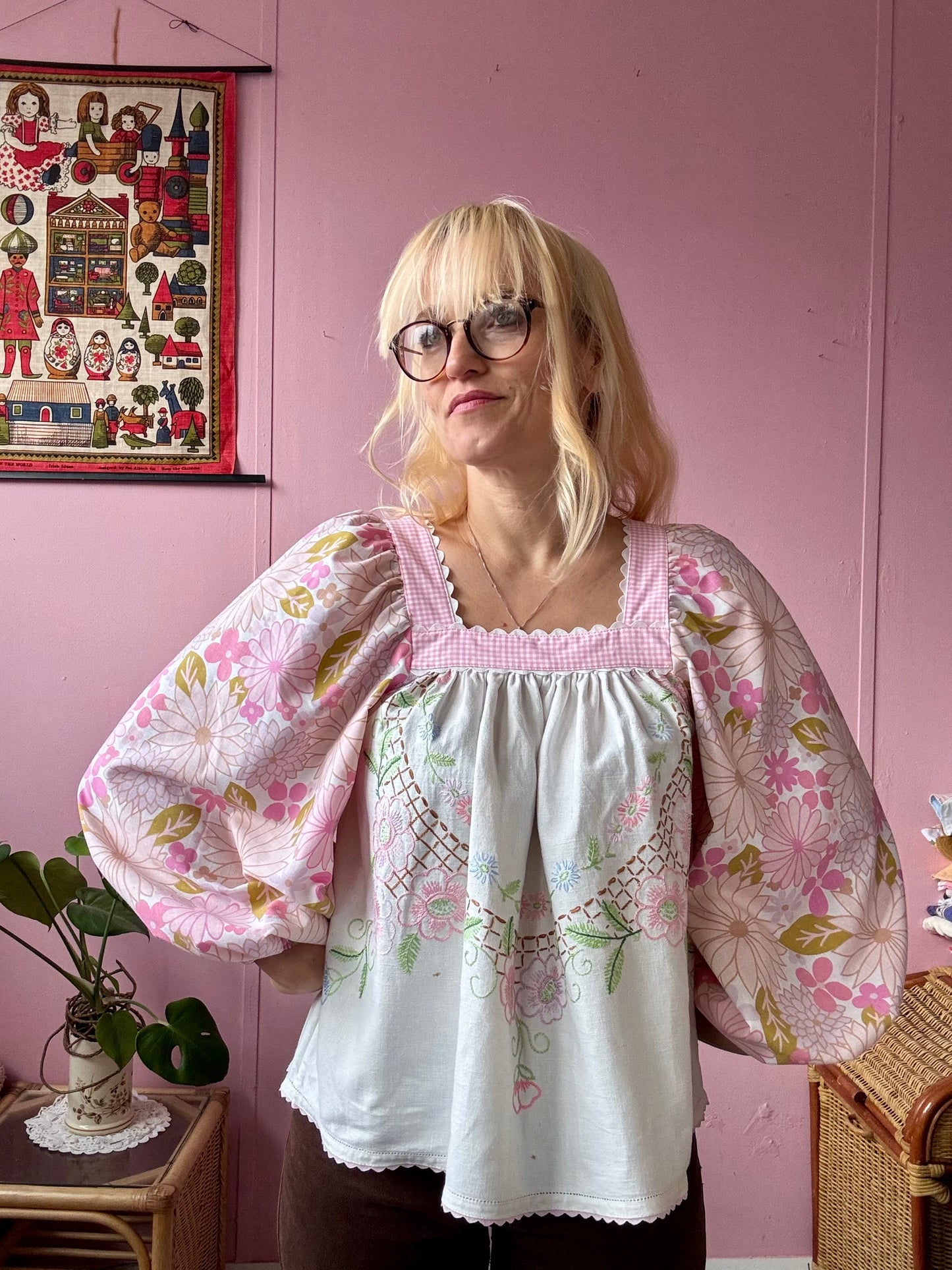 Pink floral and gingham blouse