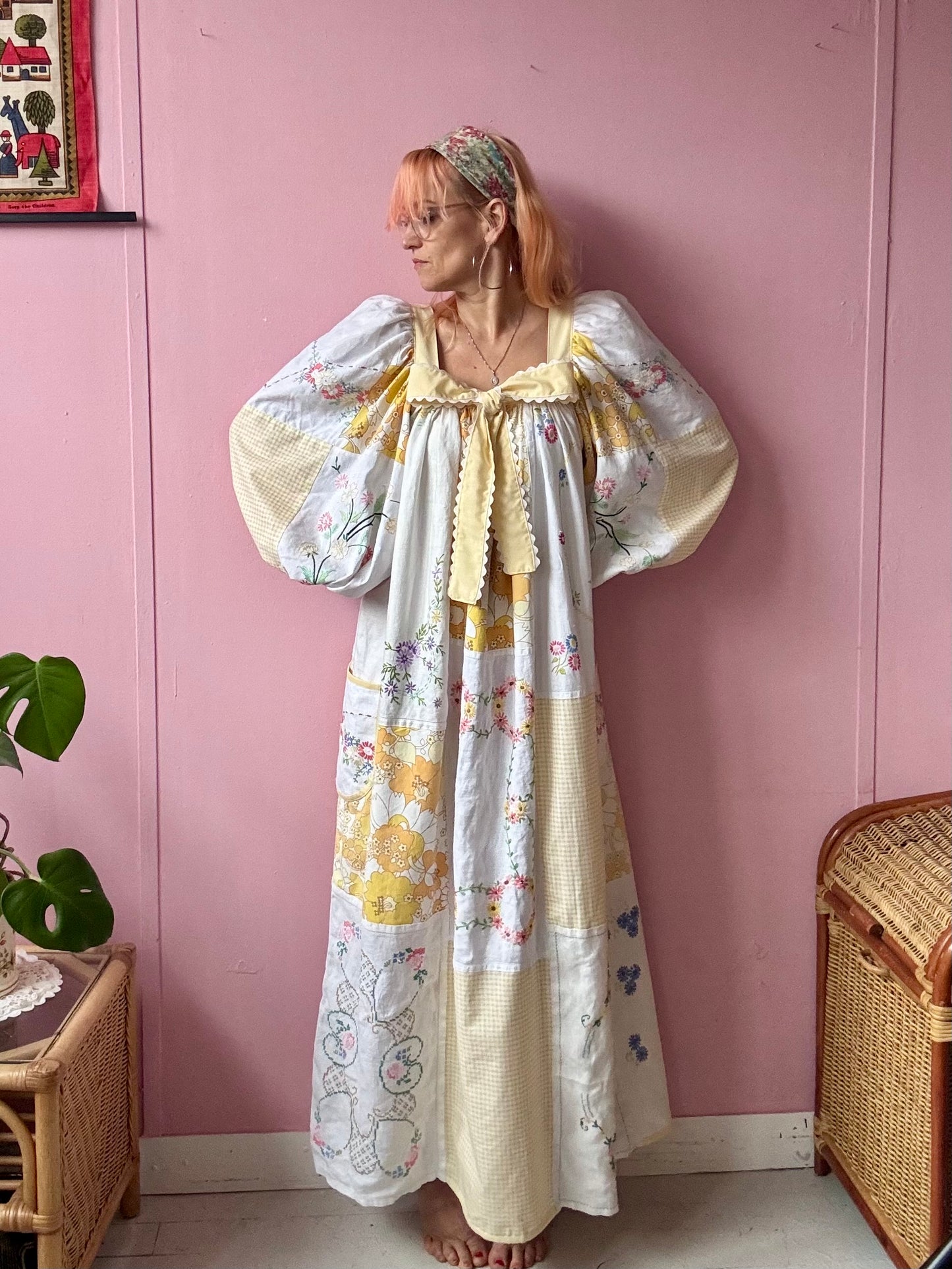 Yellow patchwork maxi dress with bow