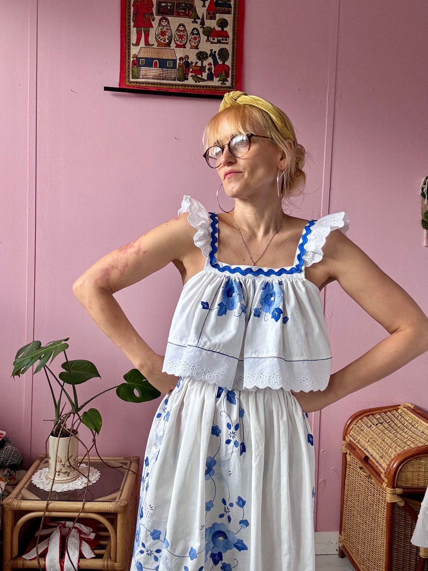 White/blue floral skirt set