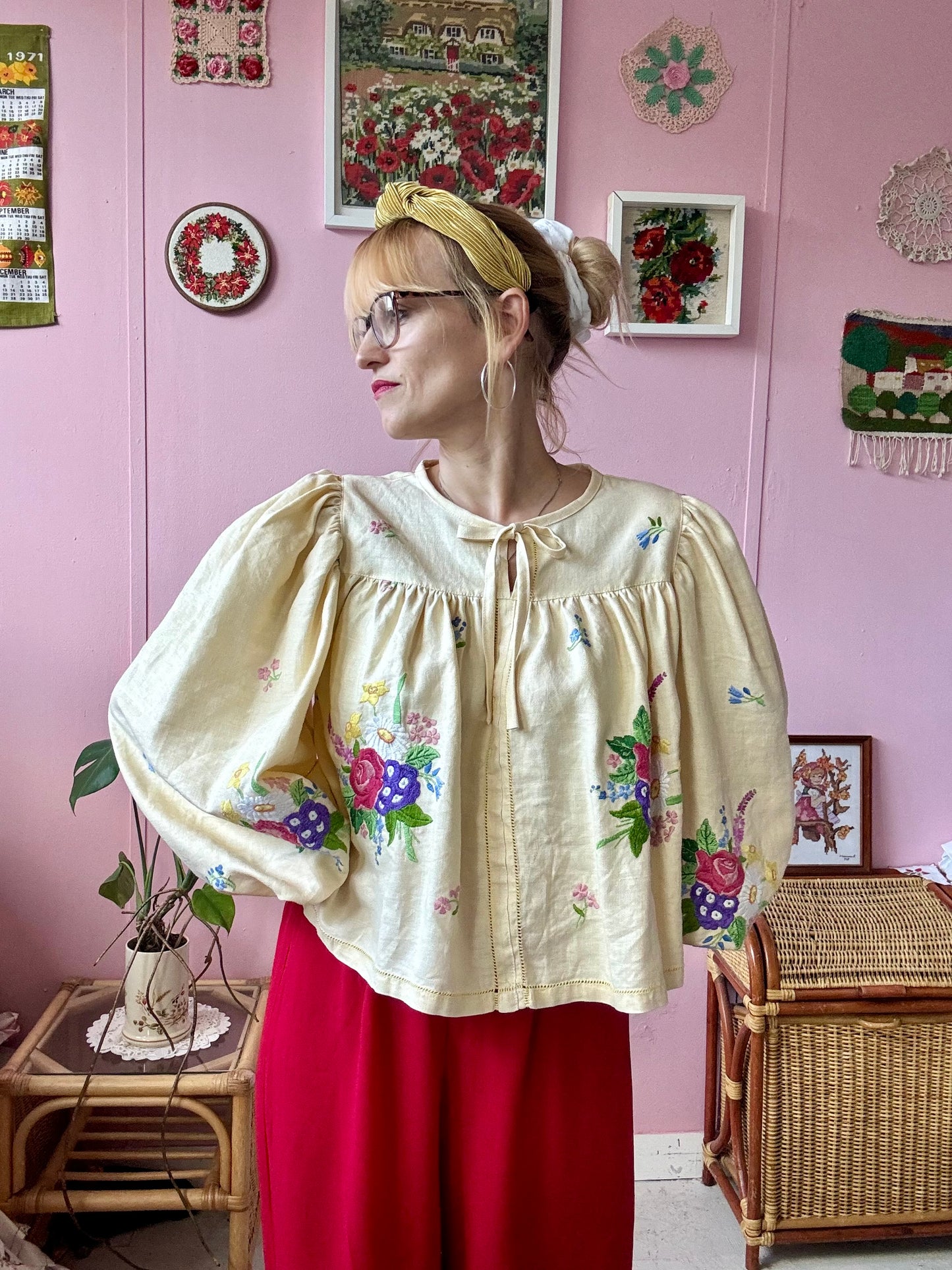 Yellow blouse with floral embroidery