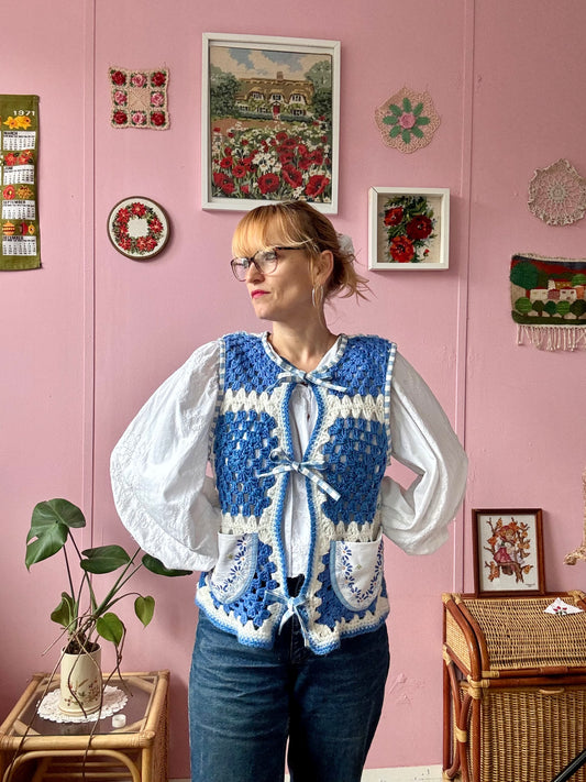 Blue and white crochet vest with pockets