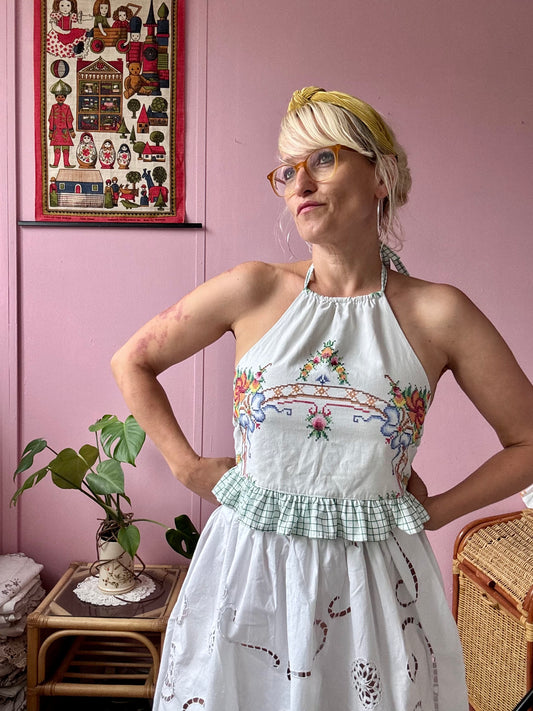 Cross stitch halter neck with green check back ties and frill