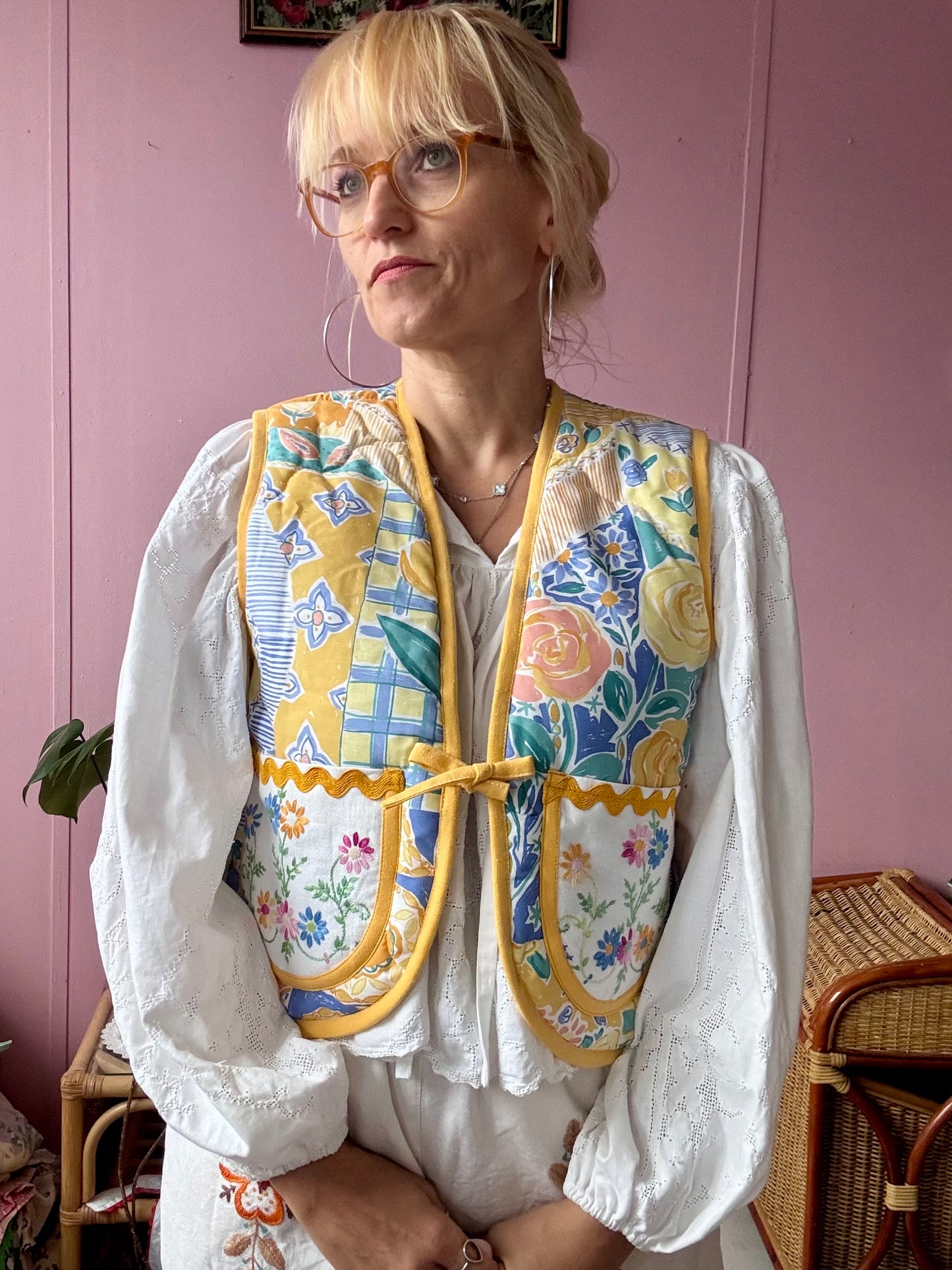 Floral vest with yellow binding