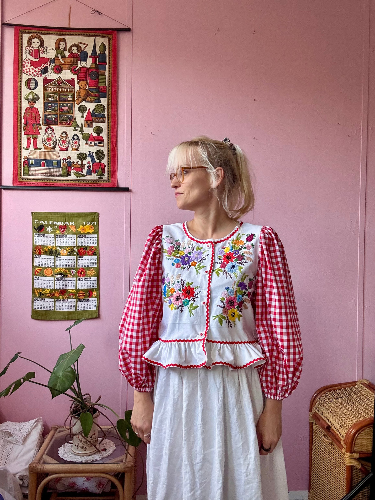 Floral and red gingham blouse