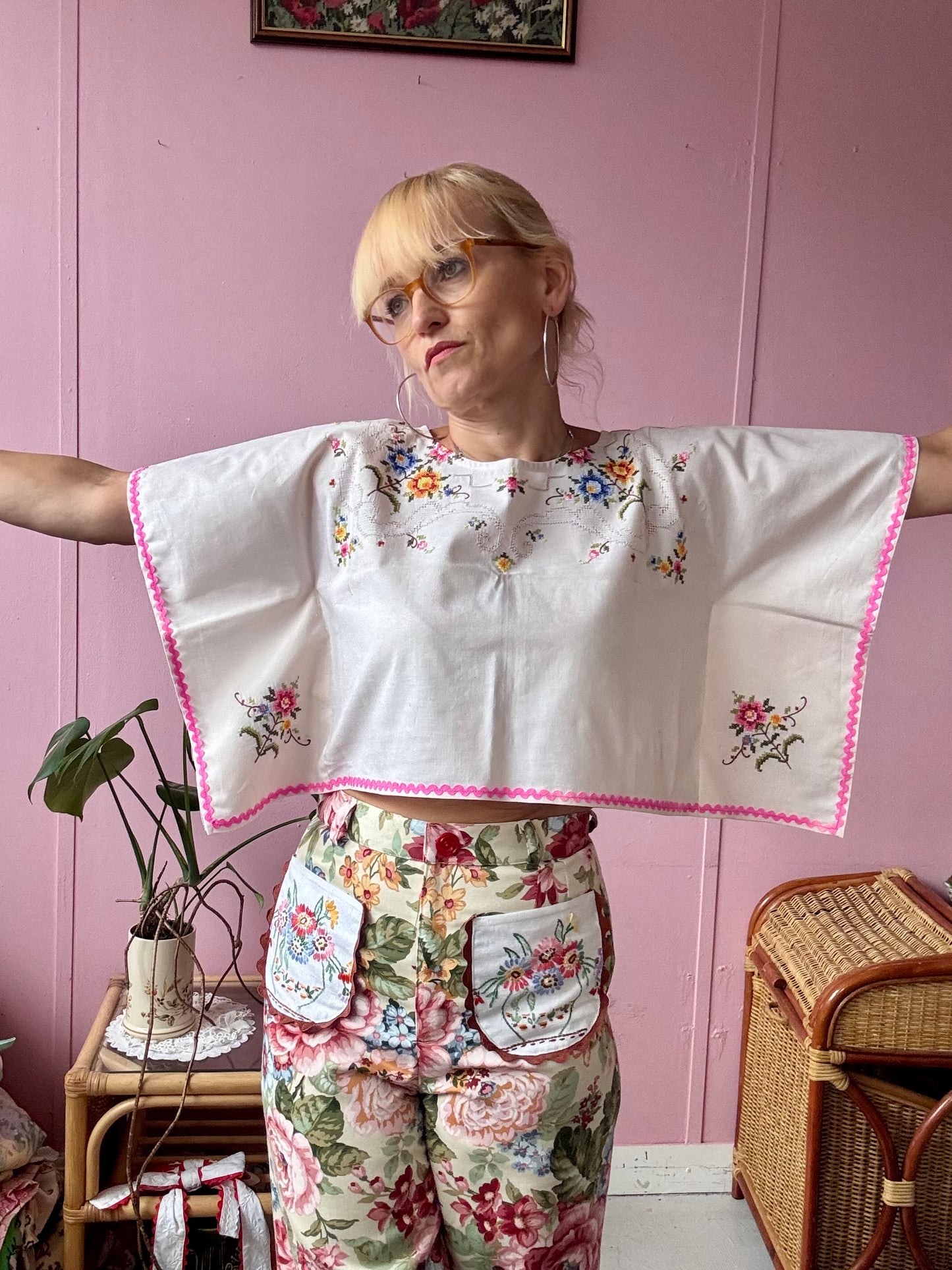 Cross stitch and pink ric rac basic top