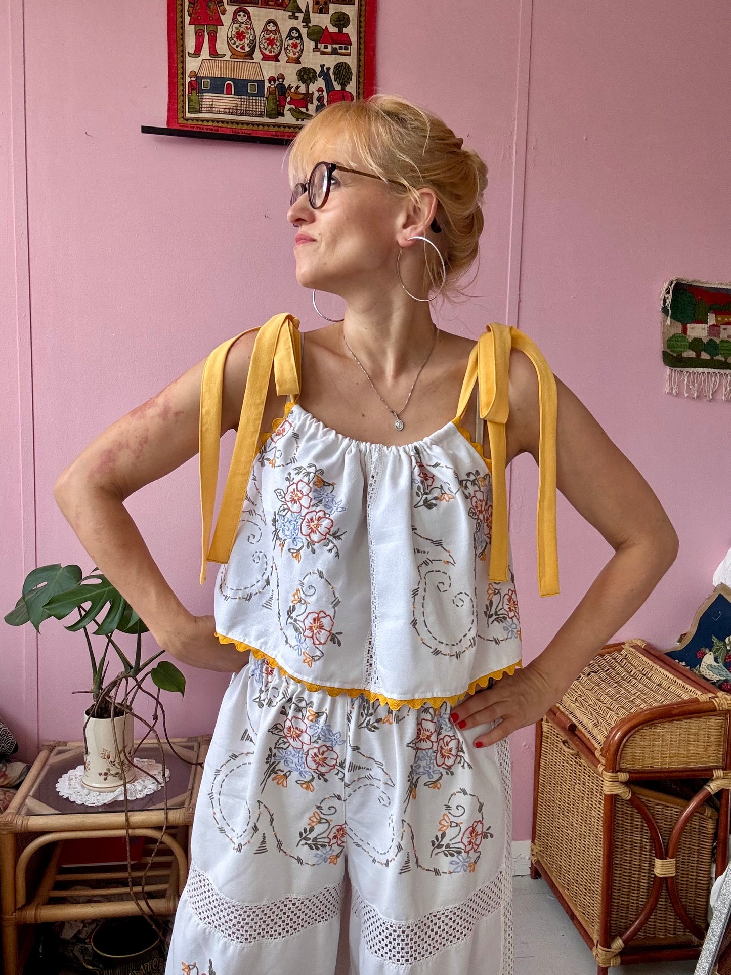 Trousers set with yellow straps and ric rac