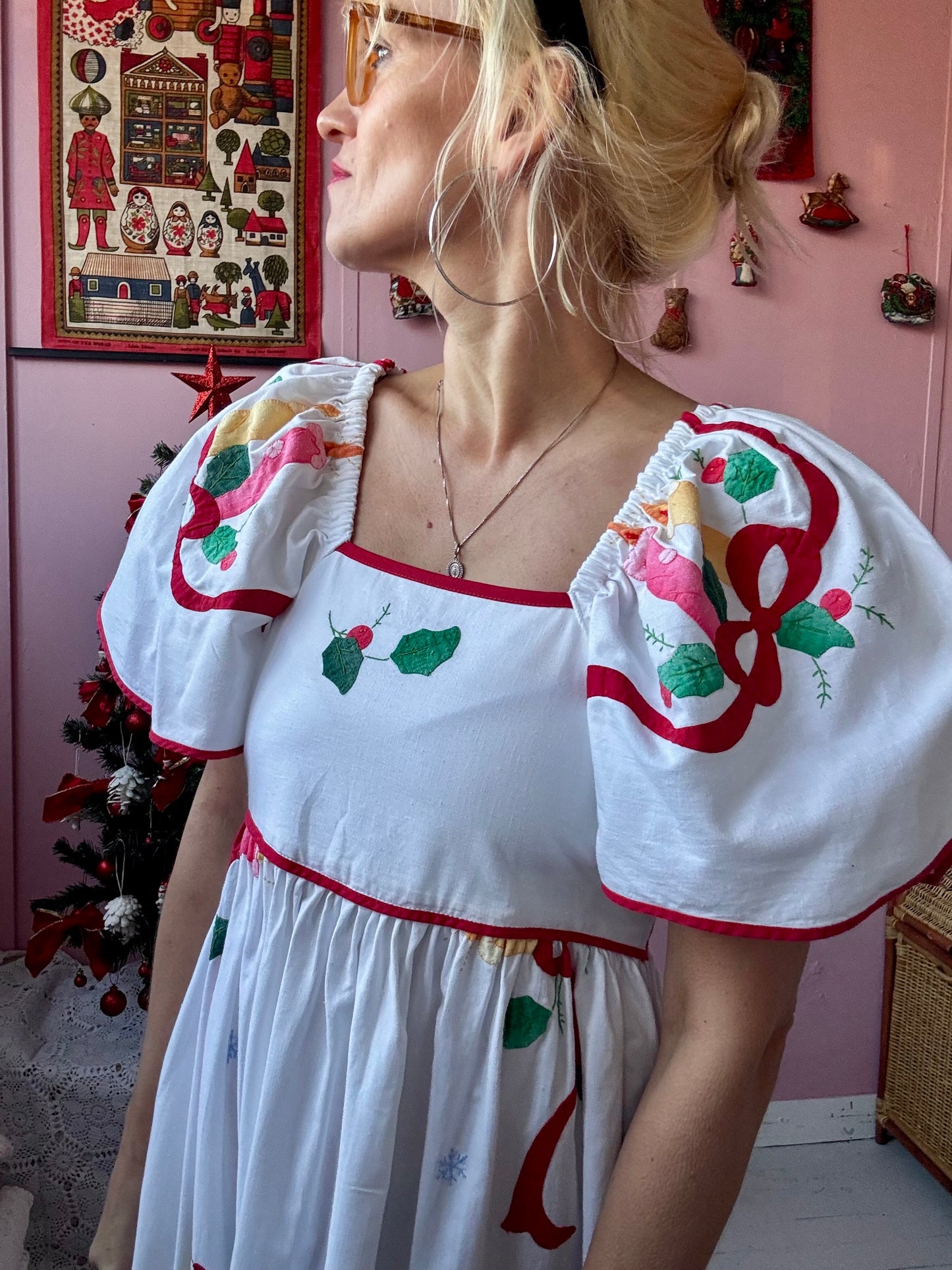 White maxi dress with Christmas applique