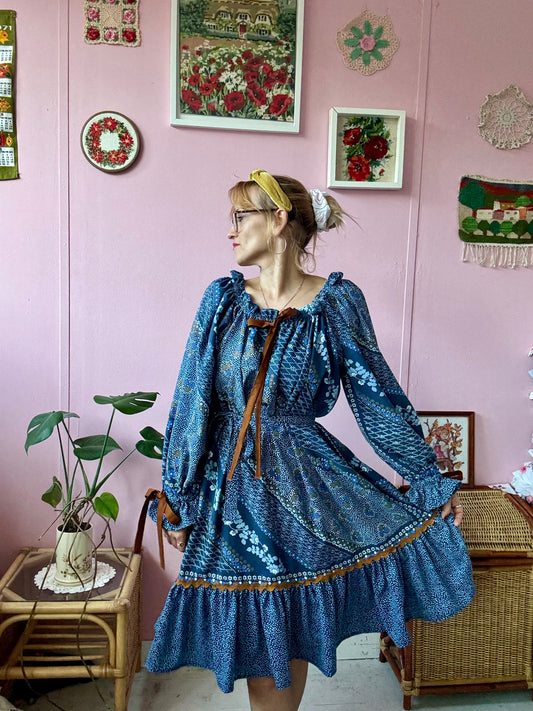 Blue and brown dress with long sleeves