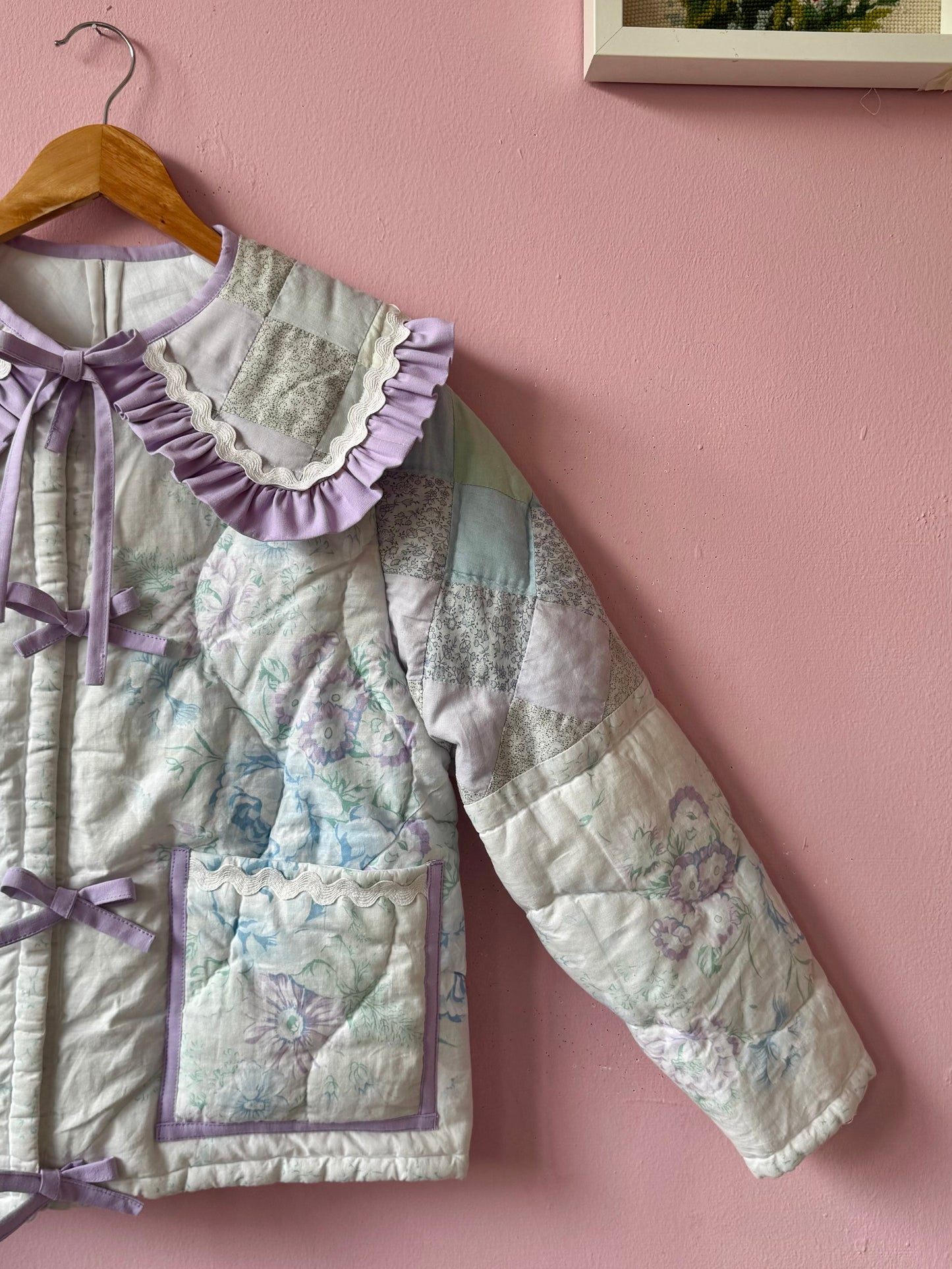 Light pastel patchwork jacket with lilac trims