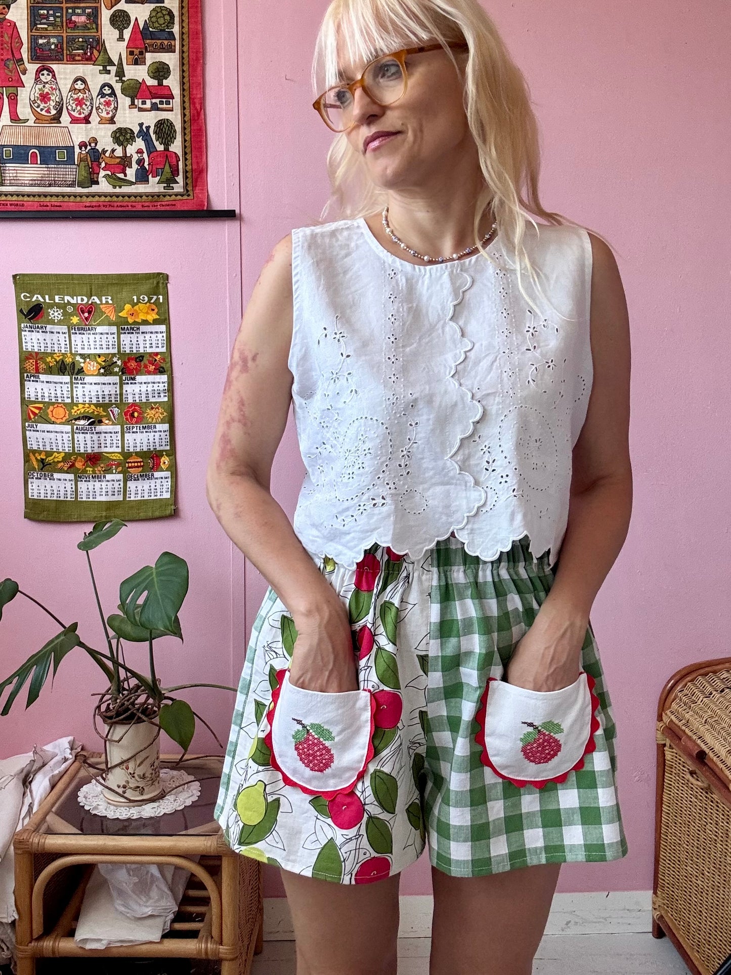 Green gingham and fruity shorts