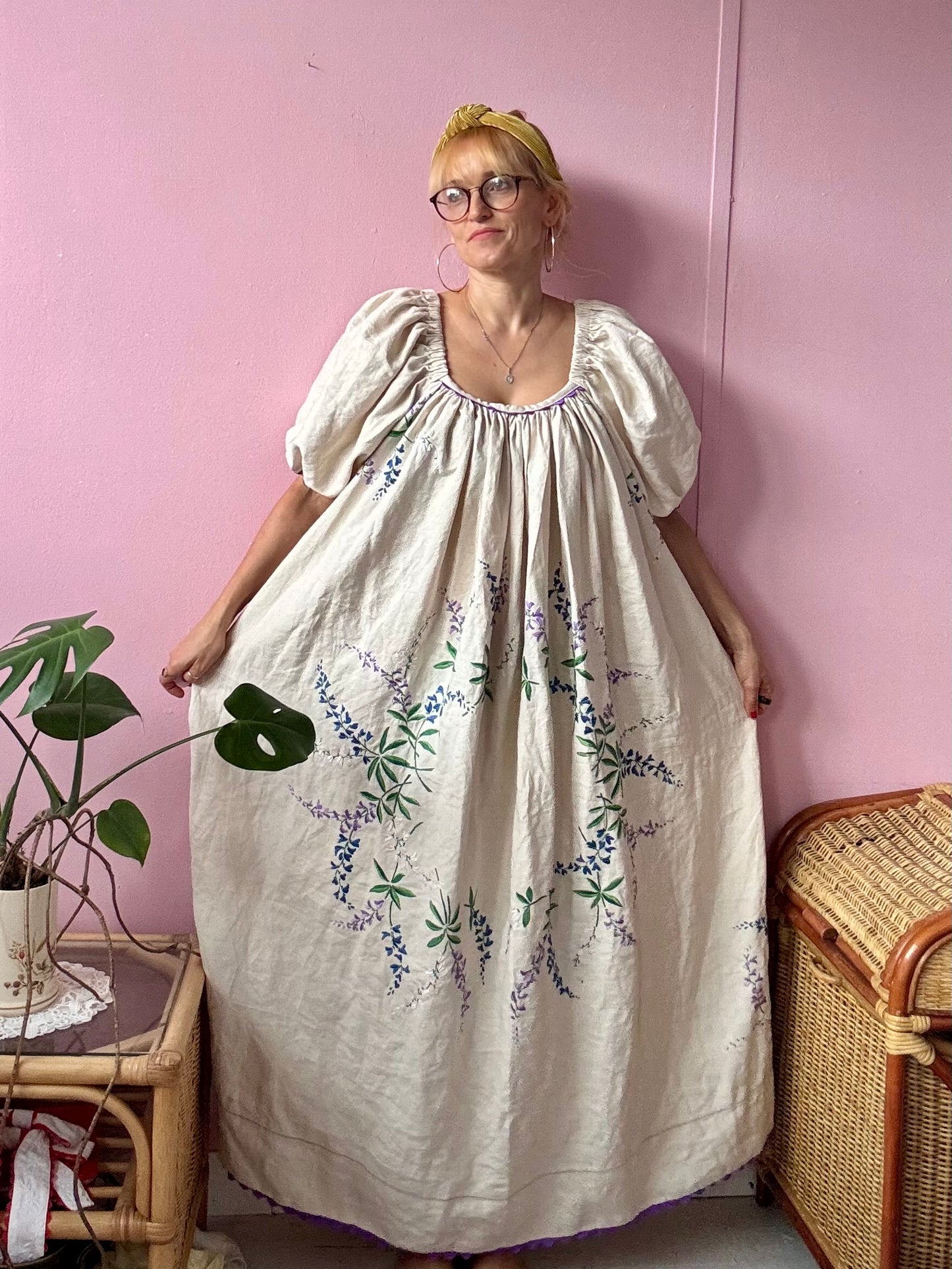 Cream linen maxi dress with purple flowers and ric rac