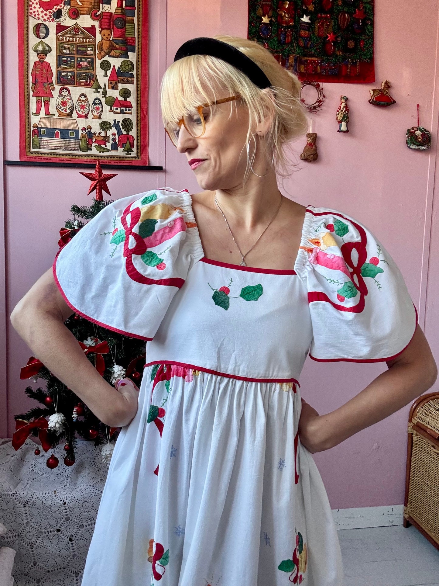 White maxi dress with Christmas applique