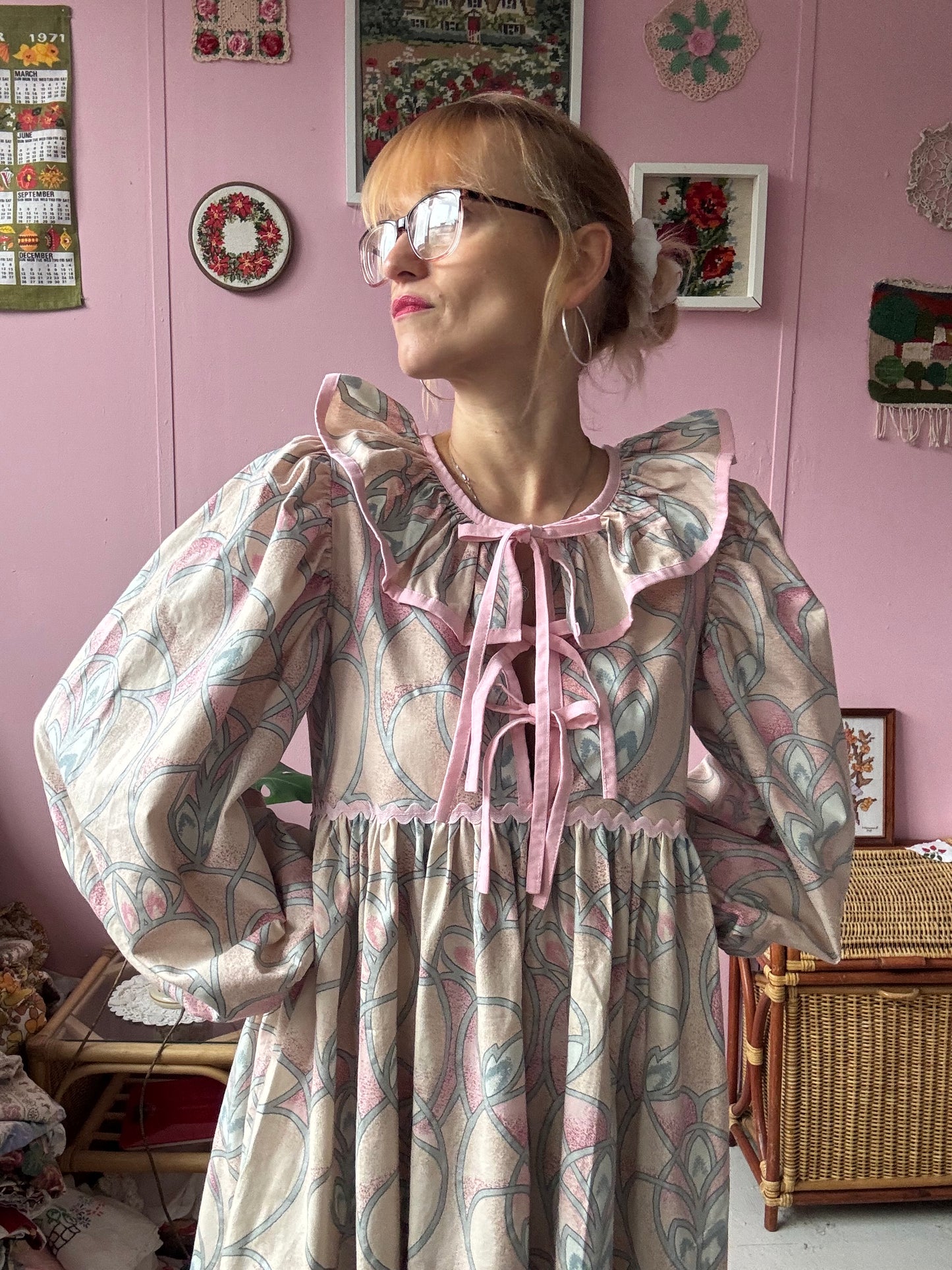 Peach/pink and silver maxi dress with long sleeves