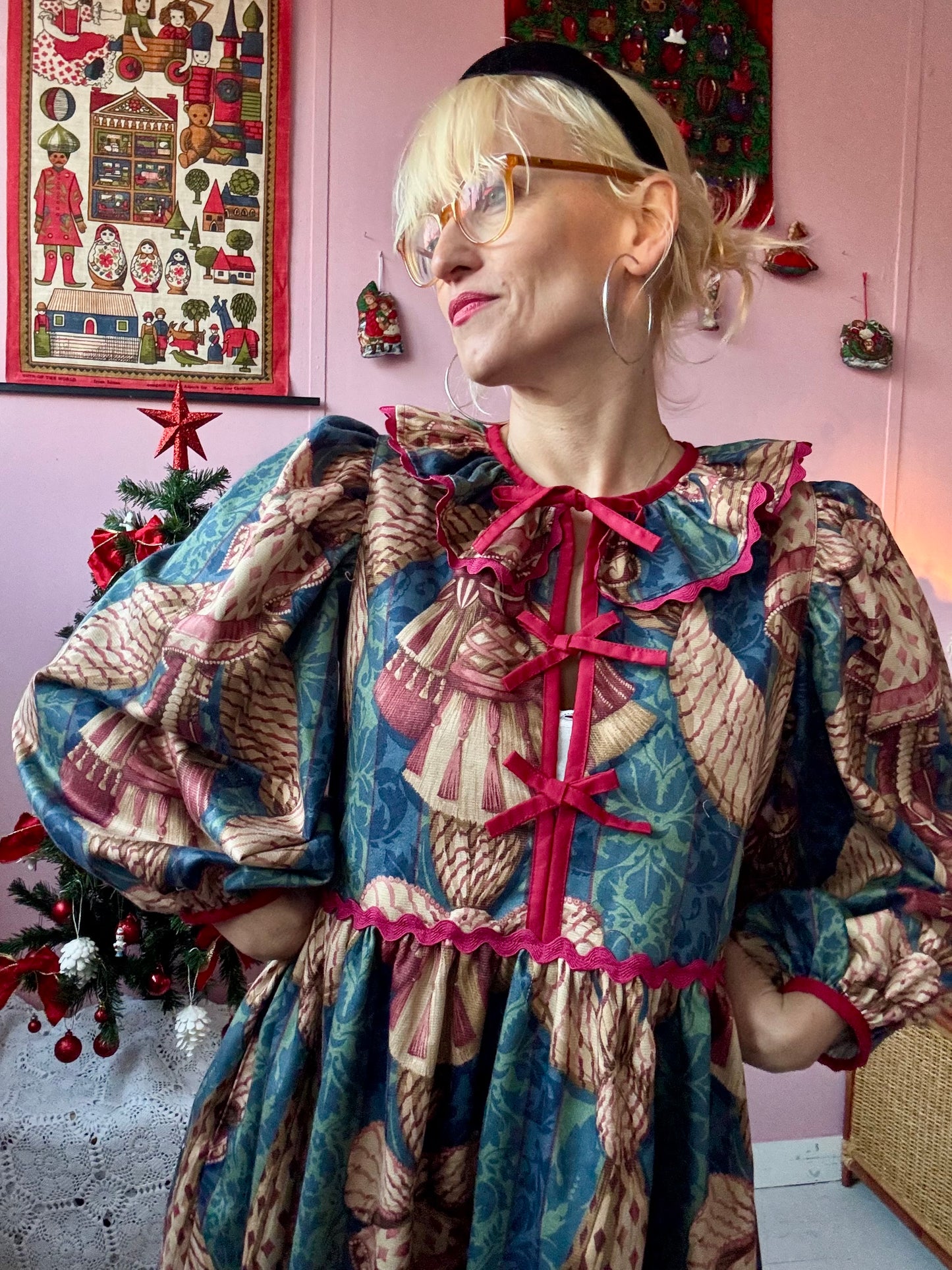 Christmas themed maxi dress with long sleeves and burgundy trims