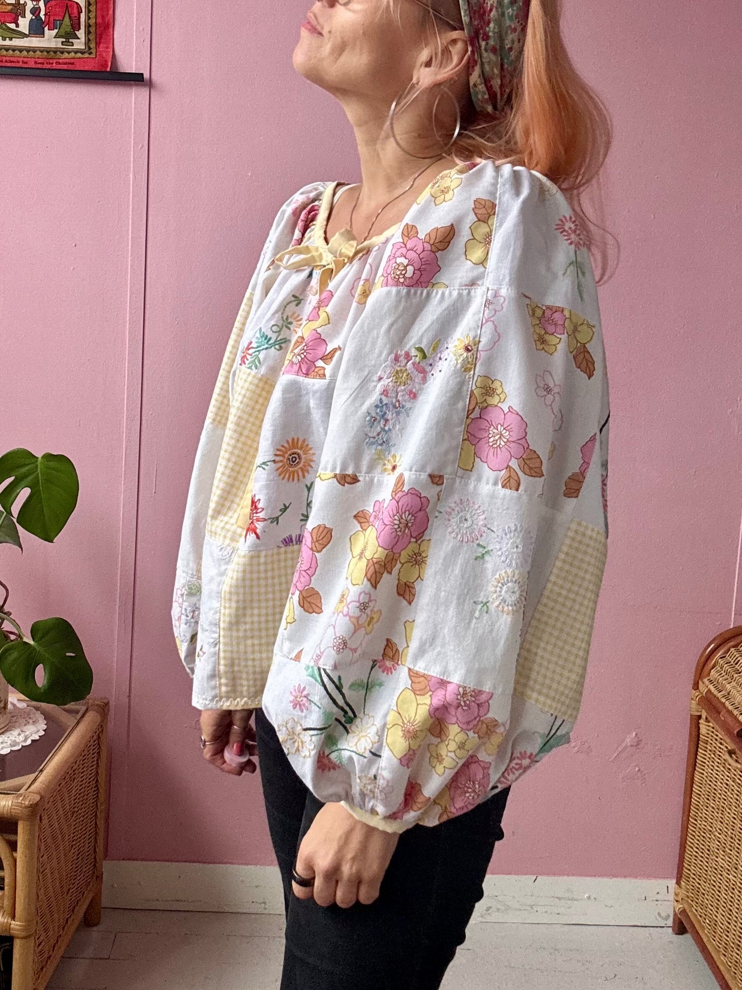 Yellow patchwork blouse with long sleeves