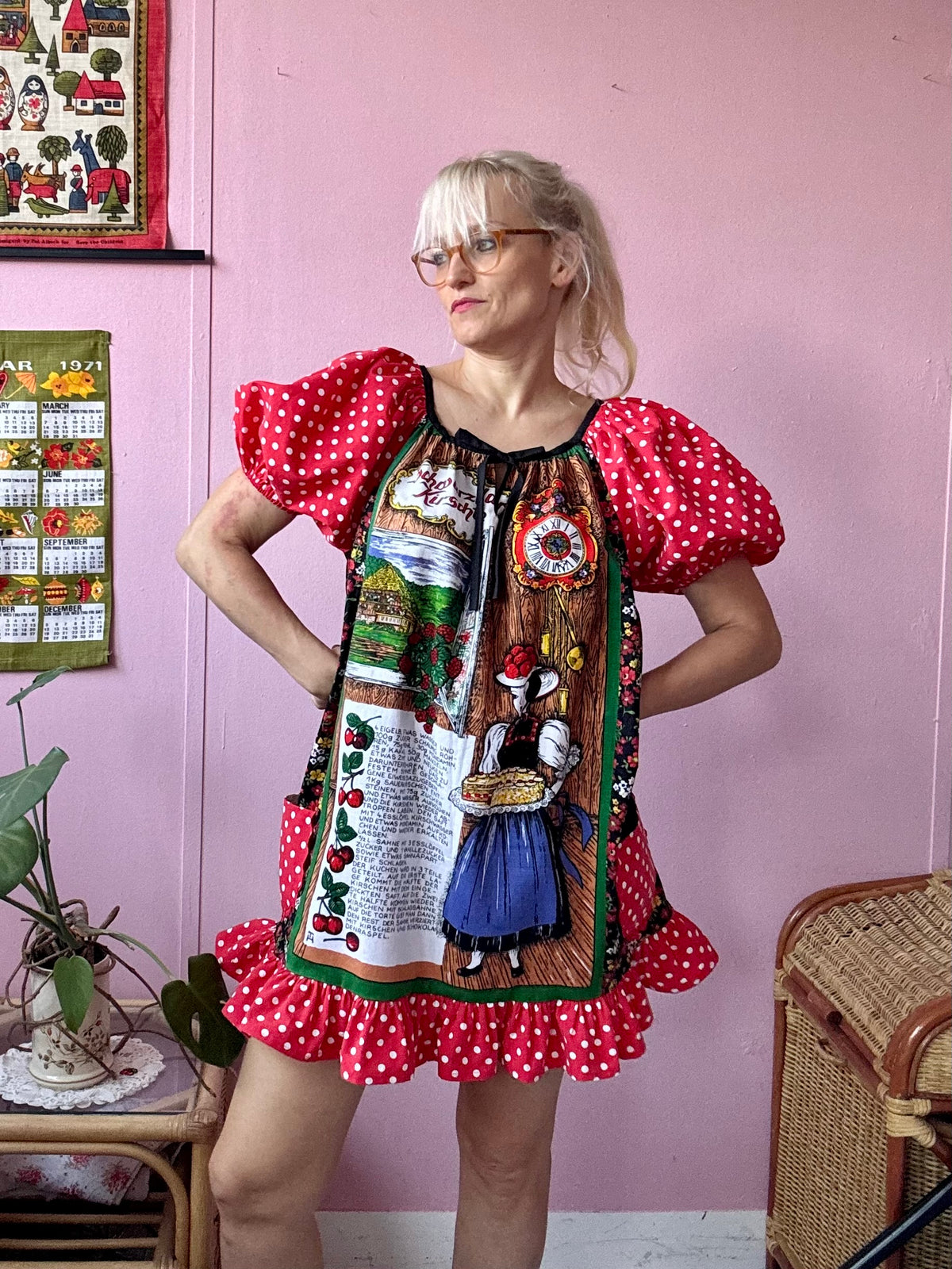 Vintage teatowel and polka dots short dress