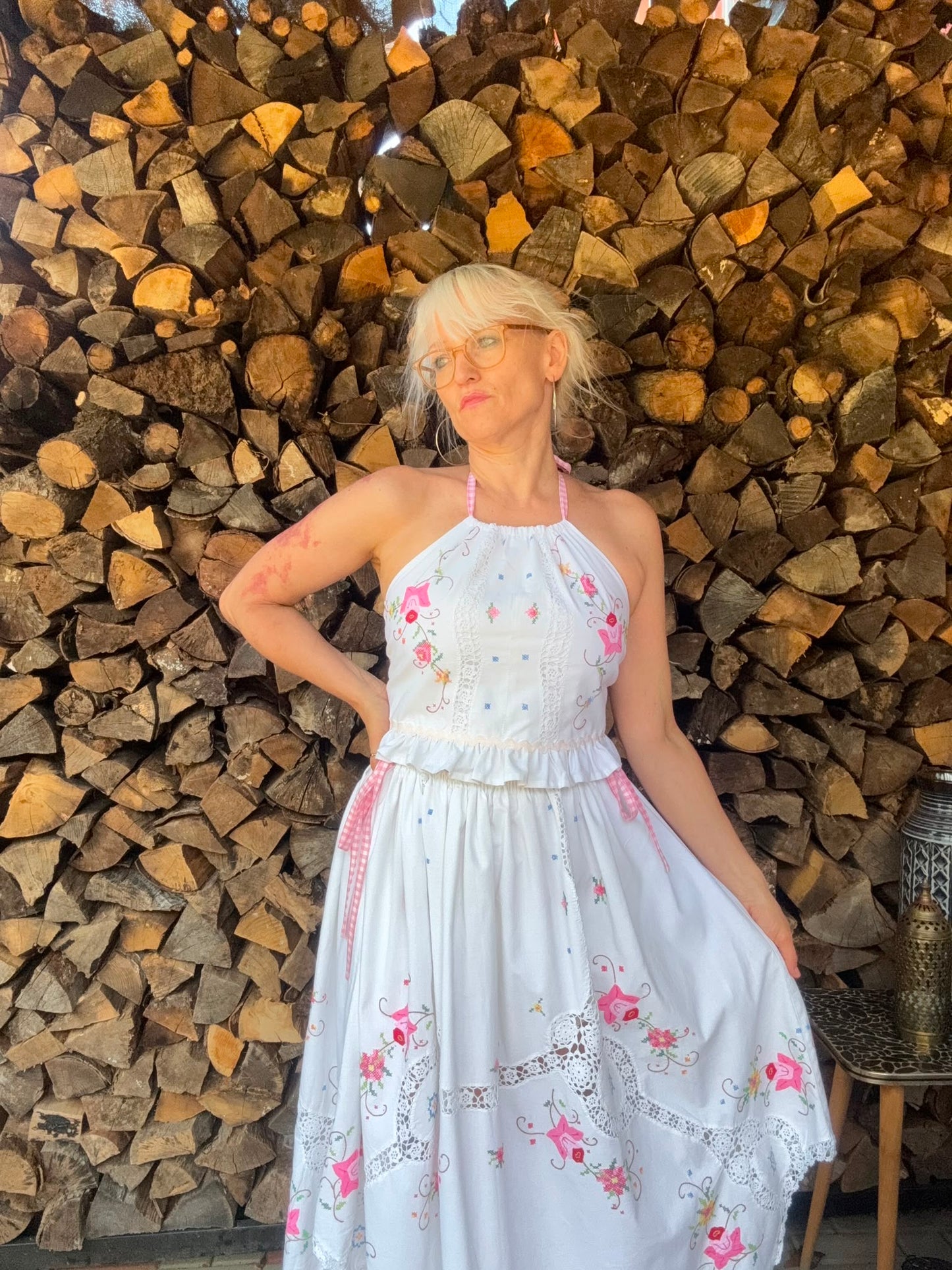 Floral skirt set with gingham straps