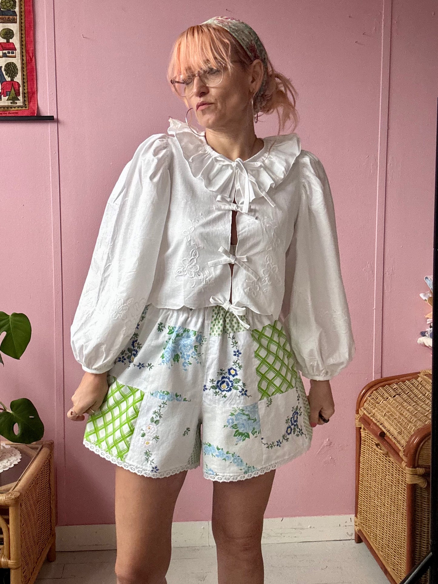 Green patchwork shorts