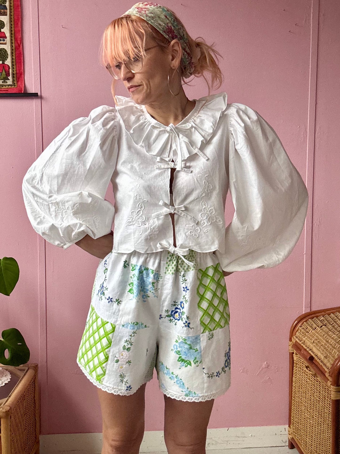 Green patchwork shorts